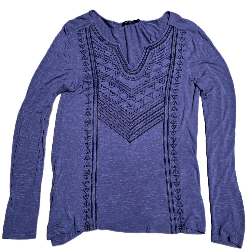 Max Jeans Embroidered V Neck Top Women's Size Small Purple Long Sleeve